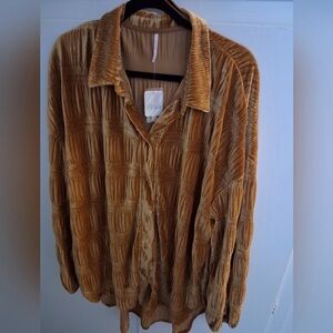 Free People “My Best Top” Velvet Button-Up Shirt - Gold